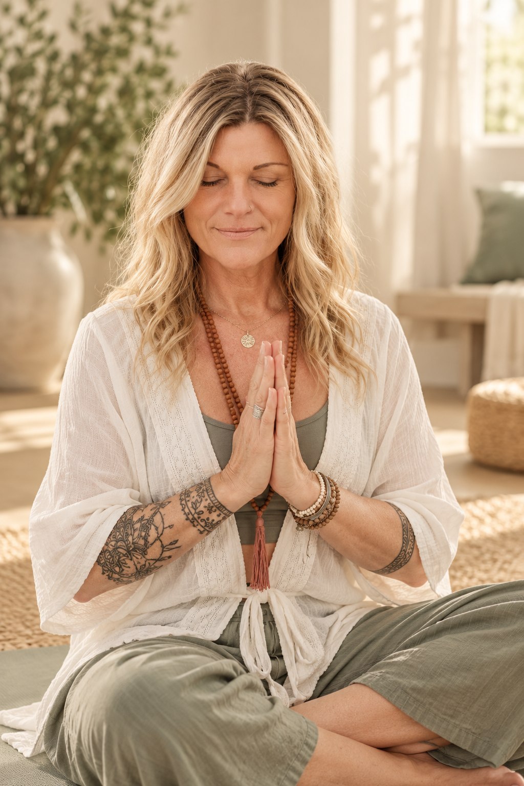 Kerstin in einer ruhigen Yoga-Pose, KI-gestützt gestaltet
