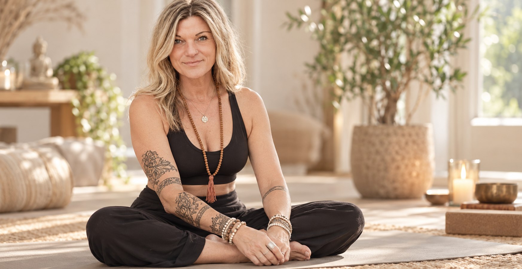 Kerstin in einer ruhigen Yoga-Situation, KI-gestützt gestaltet
